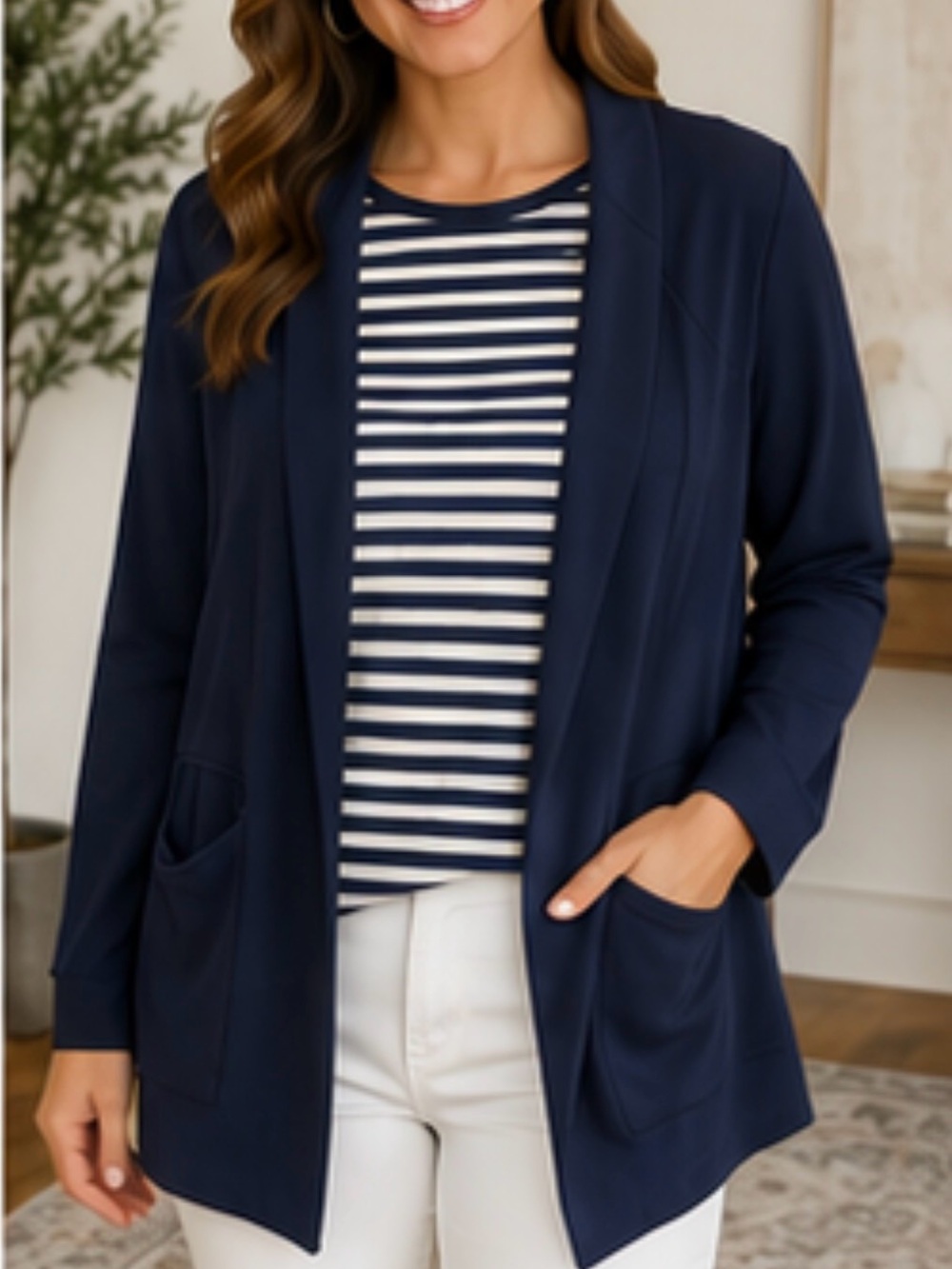 Skies Are Blue Navy Open-Front Lightweight Blazer